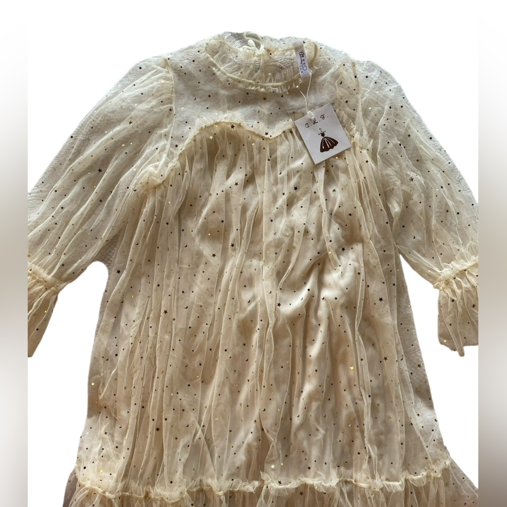 Stunning Whimsical Cream Gold Star Sheer Lined Long Sleeves Dress New Condition! - Picture 13 of 14